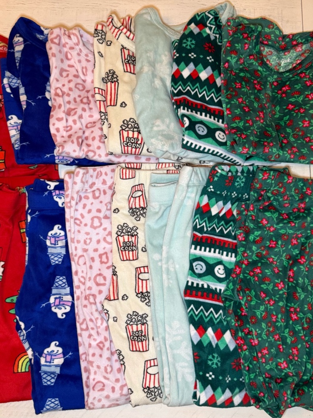 Kids Holiday & Novelty Fleece Pajama Set - Green, Light Blue, Pink, Cream, Blue